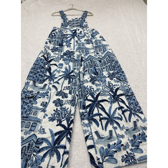 Farm Rio Anthropologie Denim Overalls Women Blue Floral Vacay Retro Boho Large - Picture 2 of 16